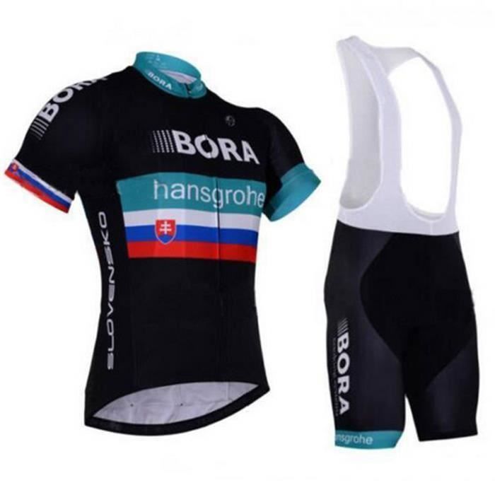Maillot de Cyclisme BORA Manches Courtes + Cuissard avec bretelle Vélo Ville Homme Ensemble de Vêtement Selle de silicone VTT