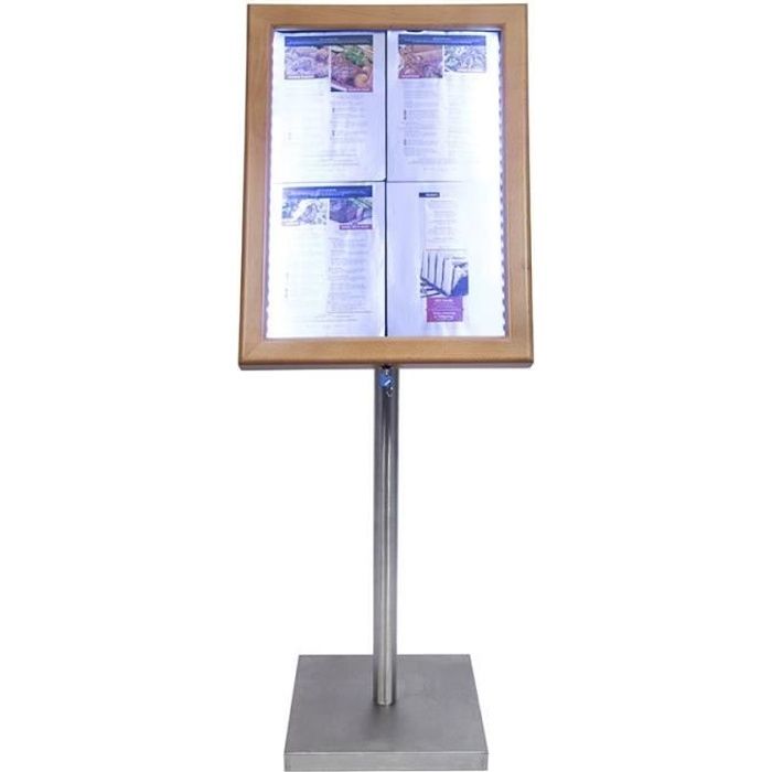 Porte-menu 4 x A4 Classic LED en bois aspect Teck avec pied - Présentoir menu hôtel restaurant 5,2 Bois Finition Teck, Pied Acier
