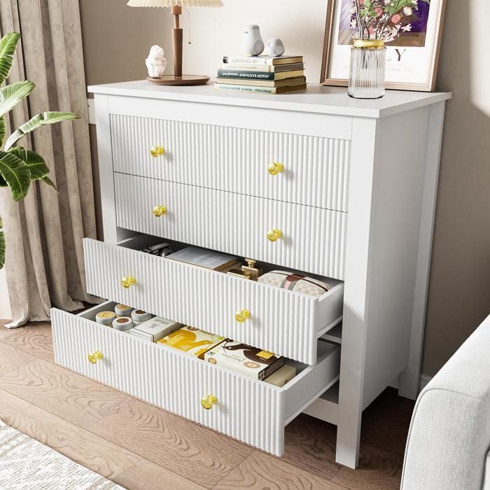 Buffet - ModernLuxe - Commode 4 tiroirs - Bois massif - Blanc - Design contemporain