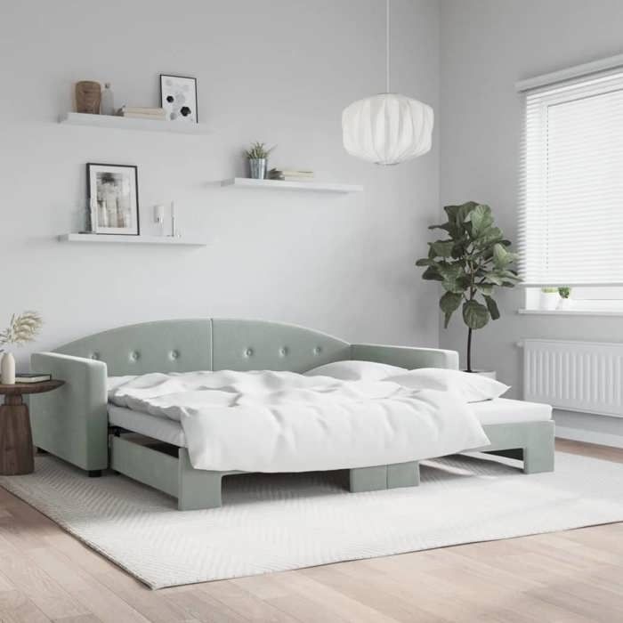 Lit de jour - VIDAXL - Intemporel - 1 place - Gris clair - 100x200 cm avec gigogne