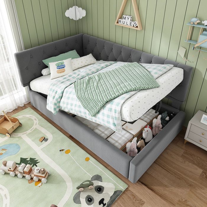 Lit enfant 90x190 cm avec sommier à lattes en bois lit 1 personne en velours canapé lit avec rangement hydraulique gris