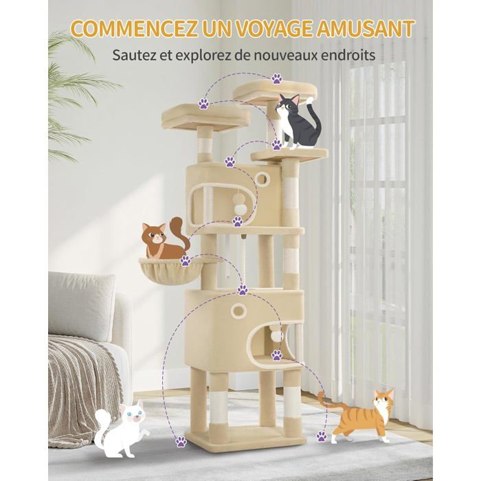 Comparer les prix de Arbre à Chat Hauteur 180 cm avec 8 Griffoirs 3 Plateformes 2 Niches Panier Pompons Convient Aux Chats de Toutes TaillesBeige