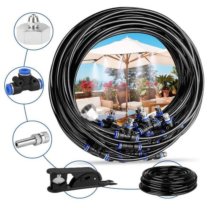 Brumisateur de Terrasse 20M 20Buse Système de Brumisation Brumisateur Jardin Refroidissement avec Tuyau Durable et Buses Amovibles