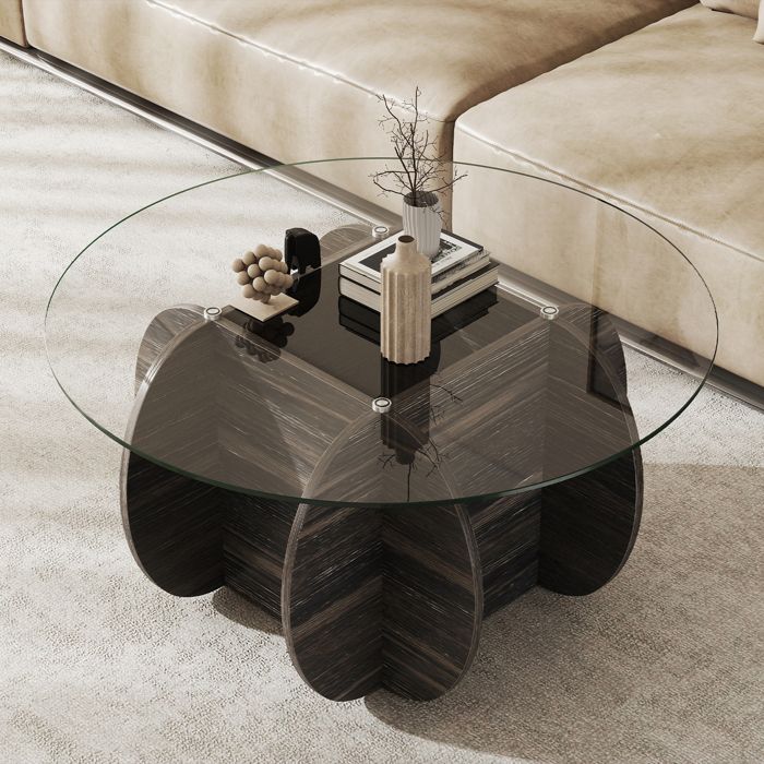 Table Basse Salon Ronde 89 cm COSTWAY Plateau en Verre Trempé Base en Bois Massif Compartiment de Rangement Caché Charge 100 kg