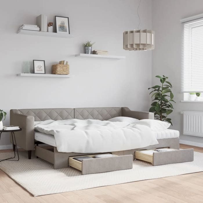 Lit de jour avec lit gigogne - vidaXL - Taupe - 80x200 cm - Tiroirs de rangement - Matelas en mousse - Tissu polyester