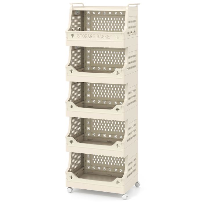 COSTWAY Chariot à Linge sur Roulettes Panier à Linge Corbeille À Linge avec 5 Paniers Amovibles Beige 445 x 295 x 1185 CM