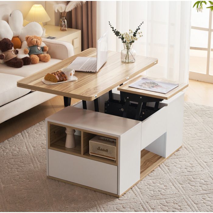 Table basse relevable 100x51 cm. double plateau modulable. 2 tiroirs. panneau de particules. blanc/bois naturel