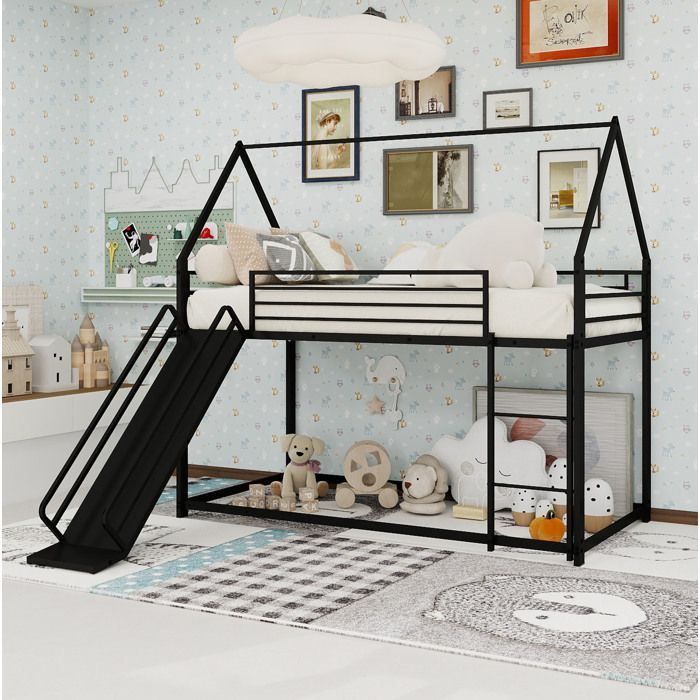 Maisentiel Lit surélevé enfant maison avec toboggan en fer noir couchage 90 x 190 cm