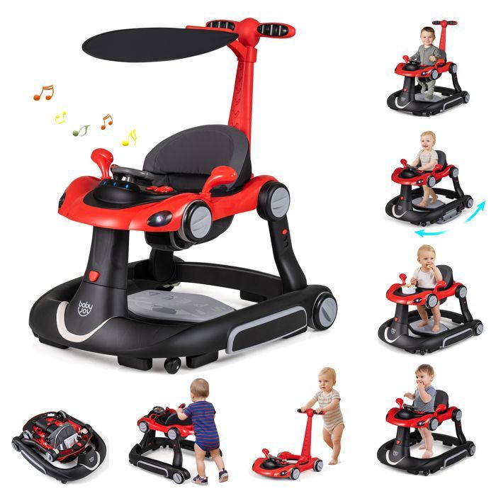Trotteur Bébé Evolutif 7 en 1 COSTWAY-Hauteur/Vitesse Réglables-Lumières et Musique-Siège AmovibleAnti-basculement-Noir et Rouge
