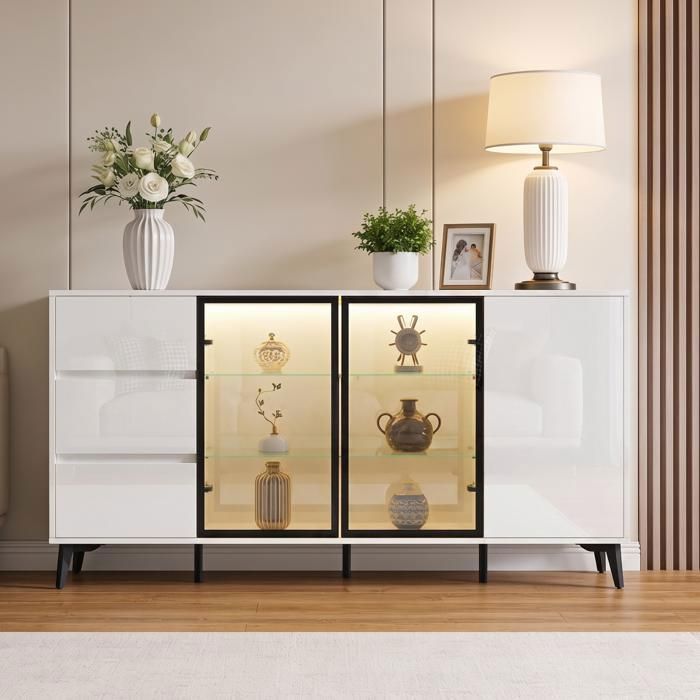 Buffet FUFU&GAGA avec 3 portes et 3 tiroirs éclairage LED 3 couleurs intégré verre trempé Salon 120x40x81.6 Blanc brillant