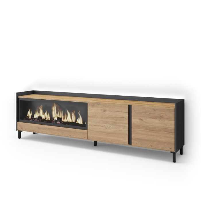 Meuble TV avec Cheminée électrique XXL à gauche 212x35x61cm sur pieds LED Chêne et noir RF4472
