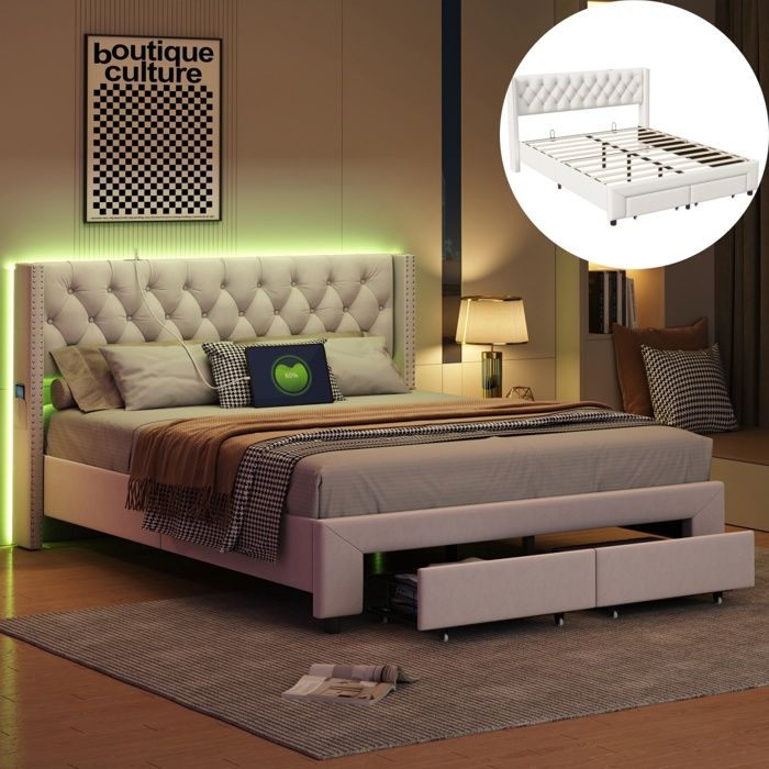 Lit Double 140x190 cm Lit Rembourré avec port LED et USB Tiroir etsac de Rangement Sommier à Lattes Beige Velours Sans Matelas