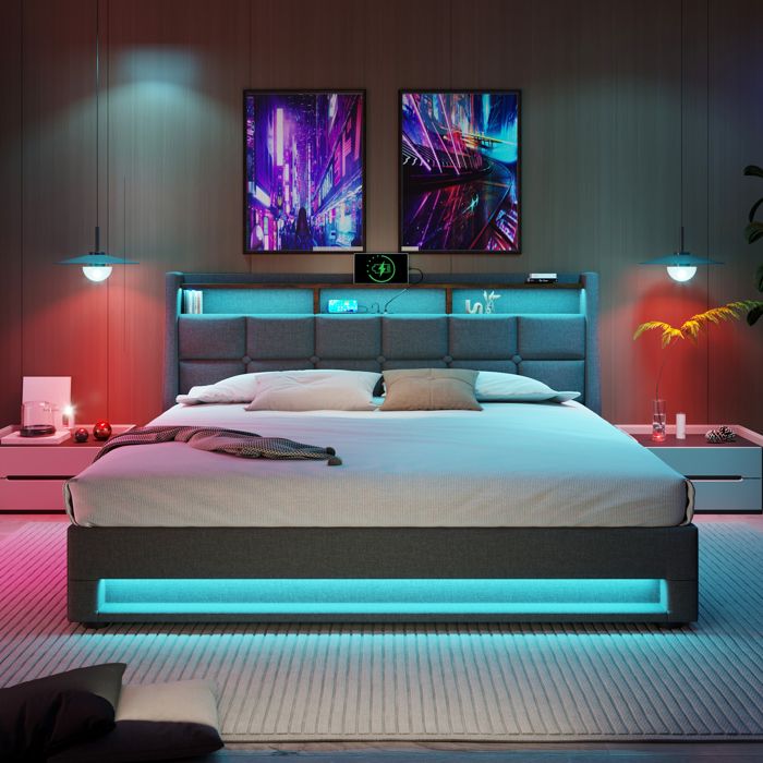 Lit rembourré 180 x 200 cm en lin avec LED USB rangement hydraulique sommier à lattes sans matelas Gris Lit rembourré 180 x 200 cm en lin avec LED USB rangement hydraulique sommier à lattes sans matelas Gris