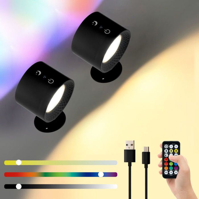 2 PCS Appliques Murales / Lumières sur Piles Rechargeables avec Télécommande et Contrôle Tactile Lampe Murale Magnétique RVB