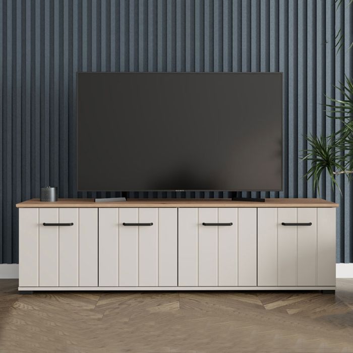 Meuble TV Erbez Dmora en bois mélaminé blanc crème 156x40x44h cm Meuble TV Erbez Dmora en bois mélaminé blanc crème 156x40x44h cm