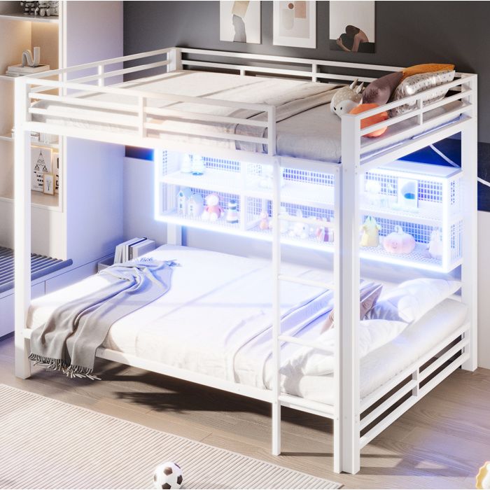 Lit superposé double 140×200 cm avec 6 rangements LED réglable et barrières sans matelas métal blanc - UVRION