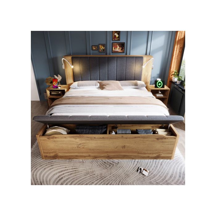 Lit 160x200 avec sommier et tête de rabattable Lit Coffre 160x200 avec 2 tables et chevet banquette et lampes de lecture Chêne