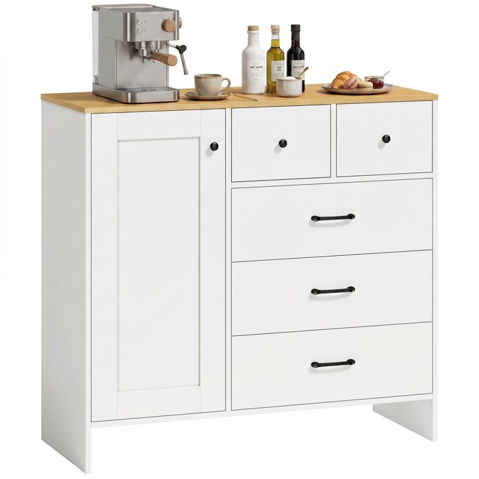Buffet de cuisine - HOMCOM - 5 tiroirs et placard - style rustique - bois - 100 x 40 x 94 cm - blanc