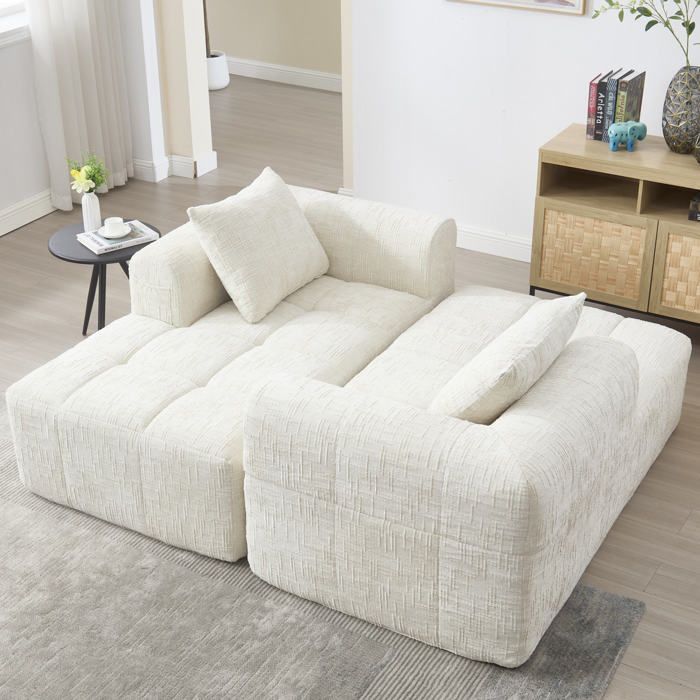 Canapé chaise longue confortable sans montage tissu doux avec coussin poches latérales beige