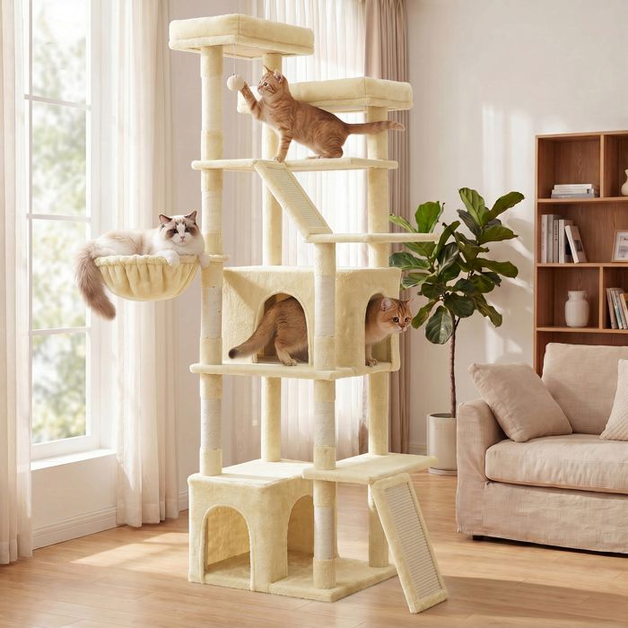 Grand Arbre à Chat Hauteur 185 cm Griffoir Robuste pour Chats d’Intérieur Tissu Peluche Beige