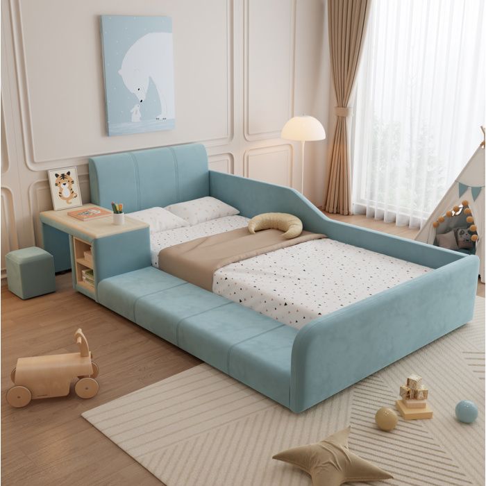 WOVREO Lit enfant 90x200 cm avec bureau latéral tabouret et rangement velours bleu