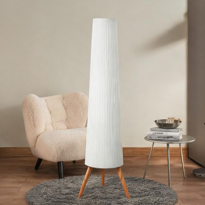 Lampe sur pied trépied bois naturel et abat-jour tissu blanc classique LED dimmable 3 niveaux 153 cm