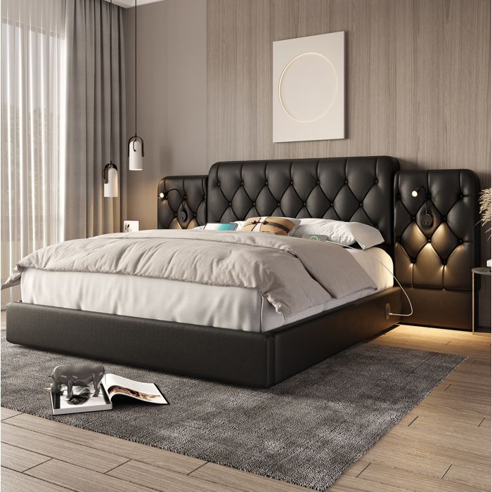 HOMVRA Lit coffre 160 x 200 cm avec USB lampes de lecture système hydraulique PU noir