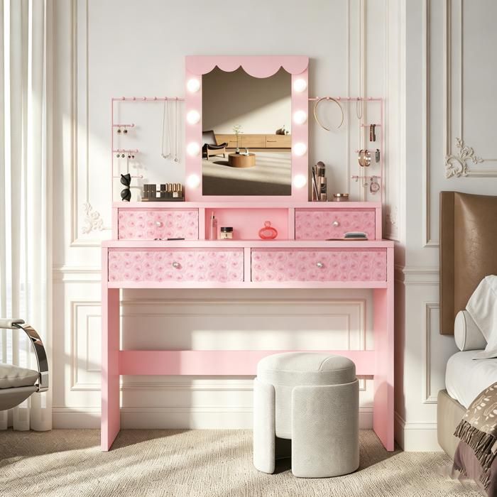 Coiffeuse Rose 80x40x143 cm avec Miroir LED 3 Modes D’Éclairage4 Tiroirs en tissu à texture roseétagère à bijoux amovible