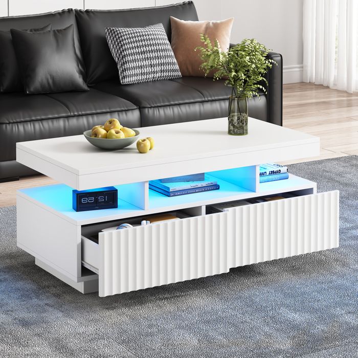 WUVRIE Table basse 100 x 50 x 45 cm avec 2 tiroirs niche ouverte centrale LED controlee par application blanc