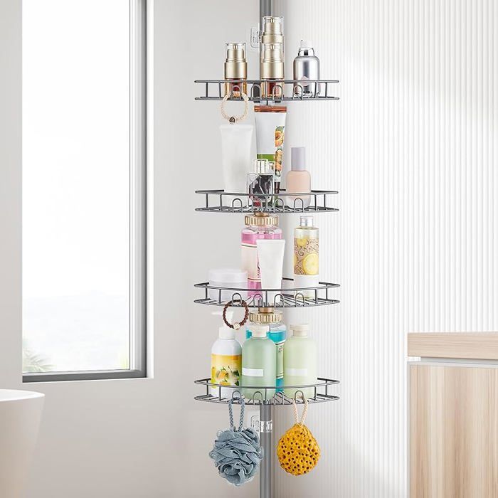 Organisateur de coin gris modulable quatre corbeilles acier pour salle de bain