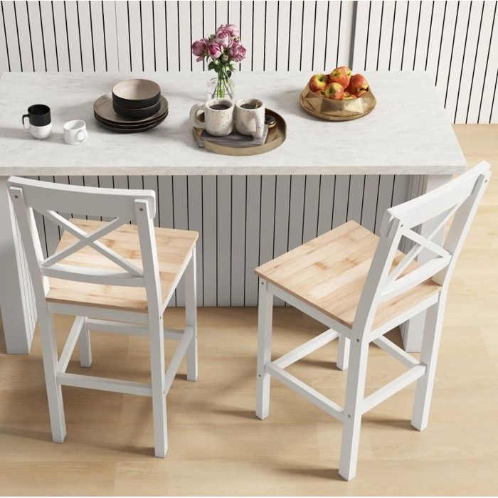 Tabourets De Bar Lot De 2 En Pin Naturel Sieges Campagne FloraGrace Pour Cuisine Et Ilot Avec Dossier Croise 41x46x97 5cm
