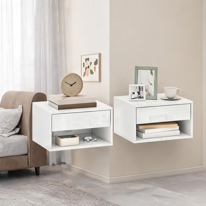 Chevet suspendu blanc mat - Lot de 2 tables murales avec tiroir et niche panneau de particules mélaminé 37x32x21 cm