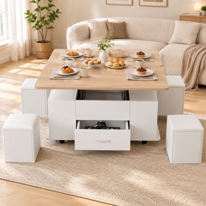 ULEVR table basse relevable extensible 100x50 cm avec 4 tabourets tiroir roulettes blanc et bois naturel
