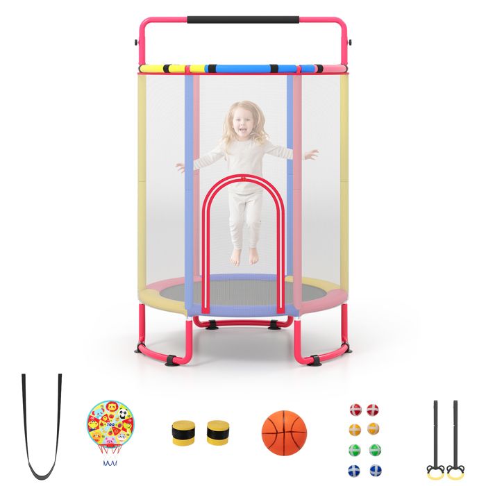 Trampoline Enfant ø140cm COSTWAY-6 en 1 avec Filet Sécurité Barre de Gymnastique Portique Tapis de Saut Cible de Fléchettes Coloré