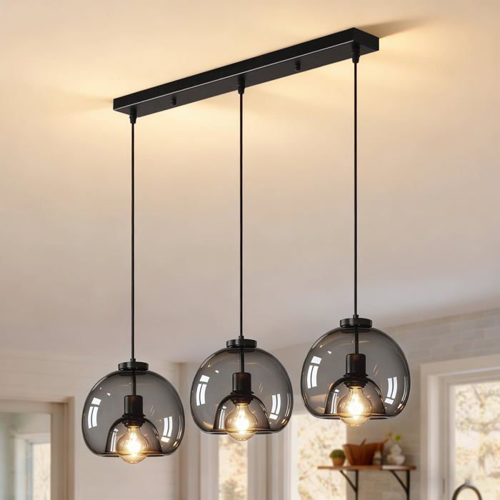 Suspension Luminaire En Verre Vintage 3 Lampes Lustre Plafonnier E27 Noir[BI21]