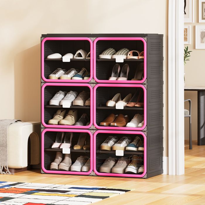 Meuble à chaussures pliable 12 cases portes PET semi-transparentes PP imperméable montage sans outils fermeture magnétique ABS