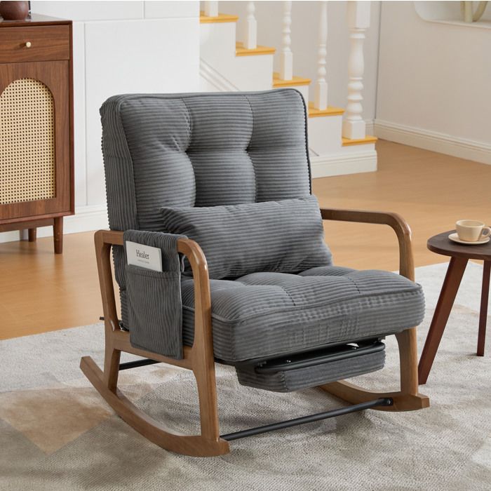 Fauteuil à bascule avec repose-pieds pliable dossier réglable 3 positions cord gris poche latérale 150 kg JOINERY