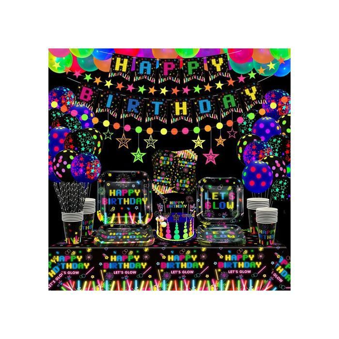 181 pièces Kit de fournitures de fête néon brillant avec ballon néon qui brille d le noir bannière danniversaire BALLON DECORATIF