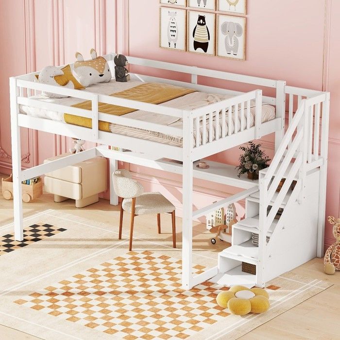 Lit mezzanine enfant 140x200 cm avec tiroirs rangement et bureau intégré blanc Lit mezzanine enfant 140x200 cm avec tiroirs rangement et bureau intégré blanc