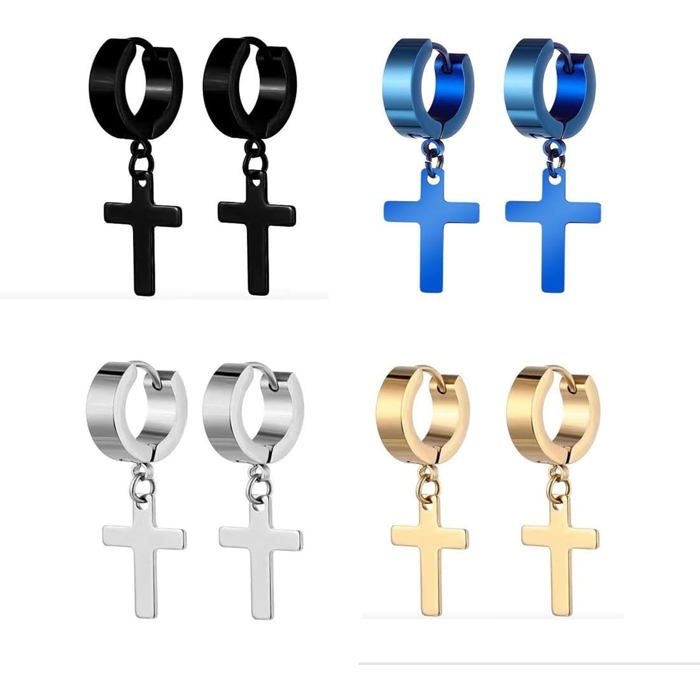 4Paire Boucles DOreilles Croix En Acier Inoxydable Anneaux À Charnière Boucles DOreilles Bijoux Pour Hommes Et Femmes Bouc[PP126]
