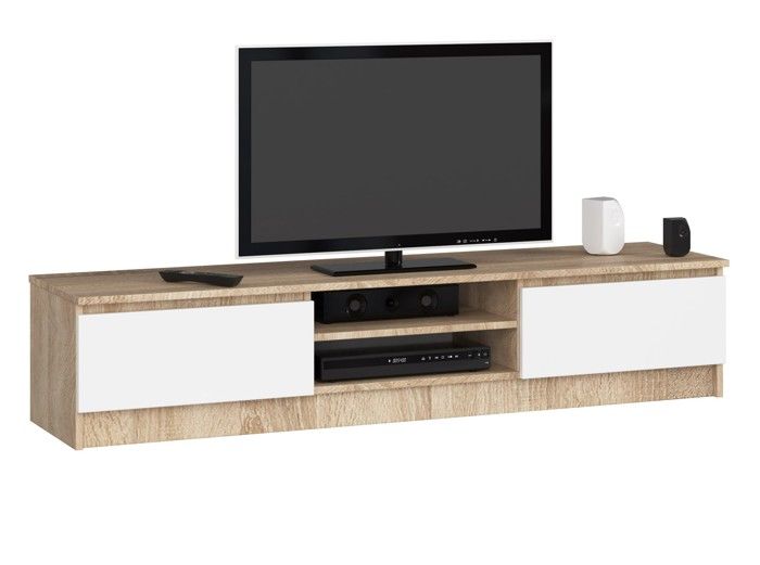 Meuble TV pour salon AKORD Chêne Sonoma 160 cm 2 portes façade Blanche 2 étagères 160x40x33 cm