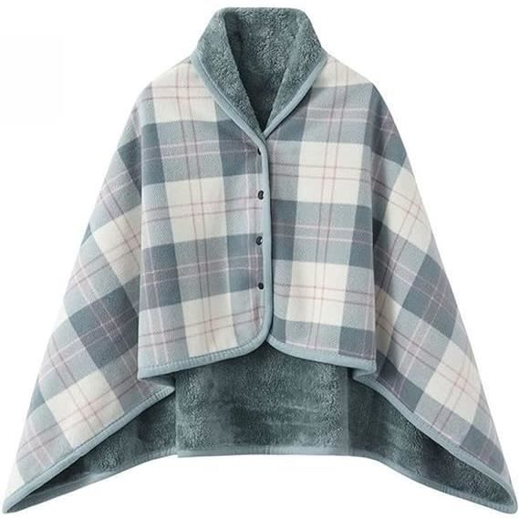 Femme Poncho Polaire Plaid Châle Polaire Cape Chaud dHiver avec Boutons Couverture à Carreaux Bleu Clair