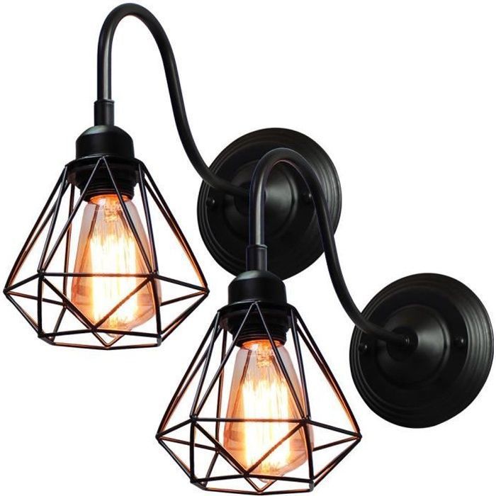 Applique Murale Intérieure Industrielle Rétro Vintage UNI 2 Pack - WOTTES - Cage Diamant Noir - E27 - 40W
