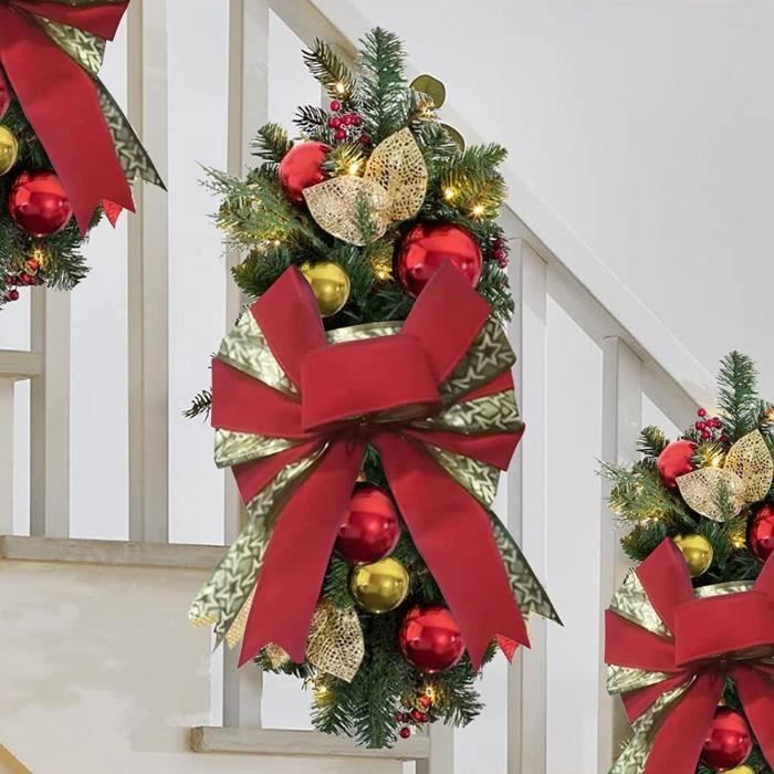 Couronne De Noël Goutte D'eau Pré-éclairée - Baies Blanches, Nœud Décoratif - Pour Porte, Mur, Escalier, Décoration Intérieur/extérieur - 3