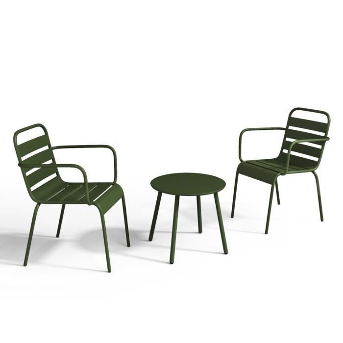 salon de jardin en métal - 2 fauteuils bas empilables et une table d'appoint - kaki - mirmande