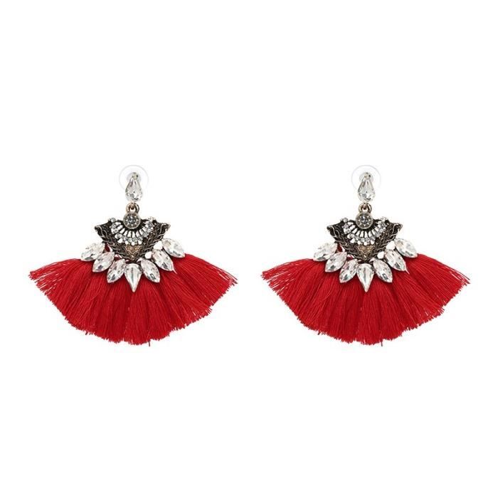 Boucles D'oreille Pompons éventail Frange Strass Noir - Style Bohème Chic, Neuf Sans Emballage