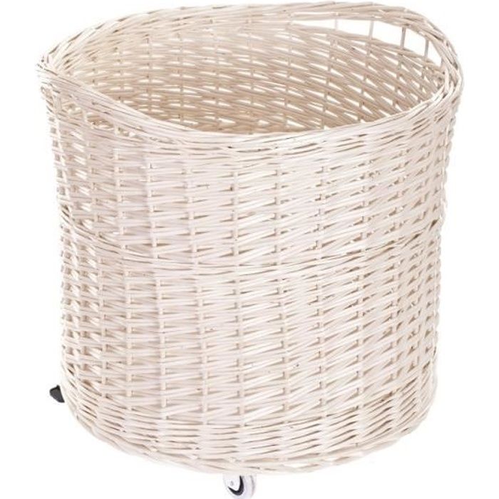 Panier à Linge Rond Osier Blanc 34L - Motif Ourson, Couvercle Peluche, D.32 X H.48 Cm