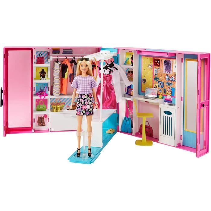 Barbie Fashionistas - Le Dressing Deluxe pour poupée transportable - 4 tenues et plus de 25 accessoires inclus