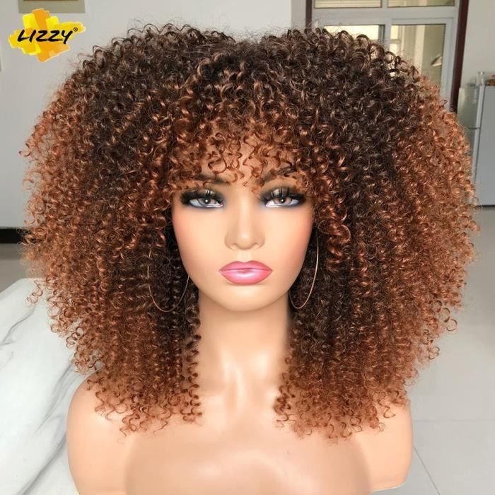 Perruque Synthétique Femme Afro Bouclée Courte - Noir, Frange, 30 Cm, Taille M