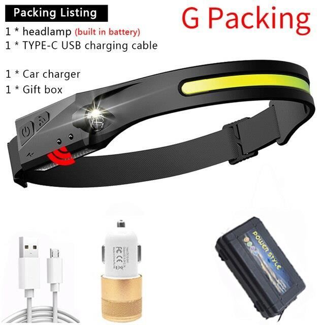 LED COB lampe ontale à Induction batterie intégrée capteur tête lampe de poche USB Rechargeable 5 Modes d'éclairage phare étanche